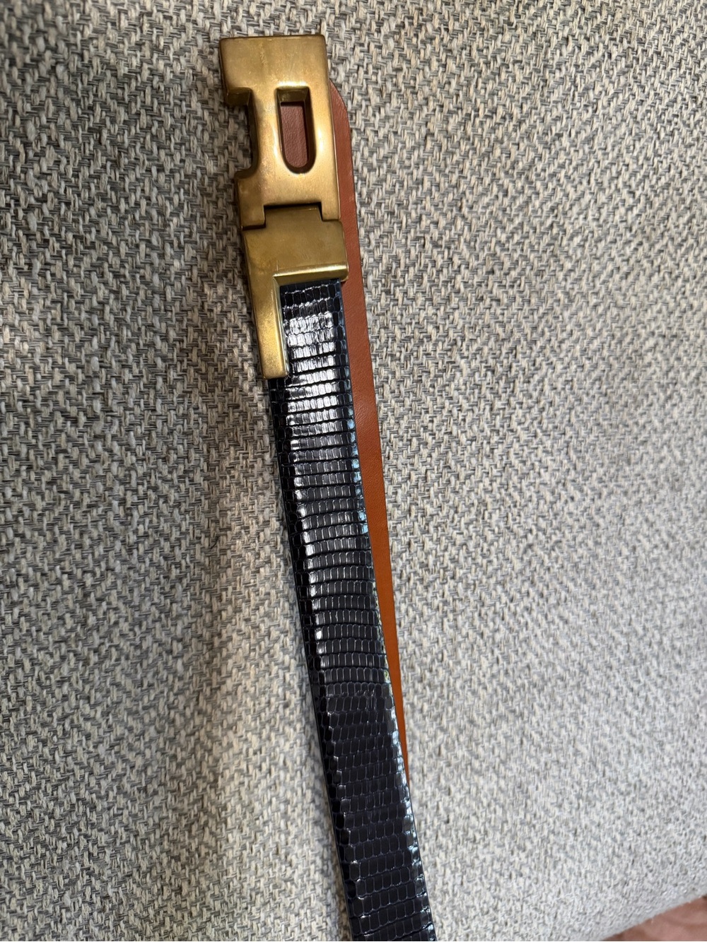 Ralph Lauren Black Lizard-Embossed Leather Belt with Brass H Buckle